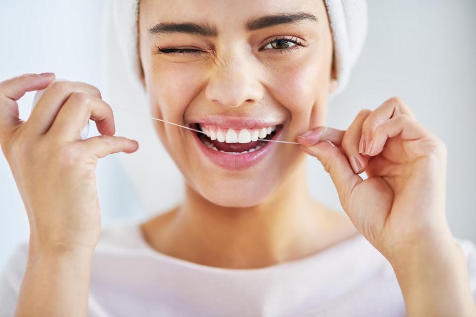 <p>“With practice, you can floss in under a minute. The sides of the teeth are where food and bacteria collect and cause problems,” says <a href="https://www.sargondental.com/" rel="nofollow noopener" target="_blank" data-ylk="slk:Sargon Lazarof, D.D.S.;elm:context_link;itc:0;sec:content-canvas" class="link ">Sargon Lazarof, D.D.S.</a>, a dentist in Los Angeles. If regular flossing is hard, try a <a href="https://www.amazon.com/Waterpik-Electric-Toothbrush-Water-Flosser/dp/B07MNBMH5X/?tag=syn-yahoo-20&ascsubtag=%5Bartid%7C2140.g.35664182%5Bsrc%7Cyahoo-us" rel="nofollow noopener" target="_blank" data-ylk="slk:water flosser that sends high-pressure H2O between teeth;elm:context_link;itc:0;sec:content-canvas" class="link ">water flosser that sends high-pressure H2O between teeth</a>. “While not as efficient as floss, it’s much better than not using anything,” he says.</p>