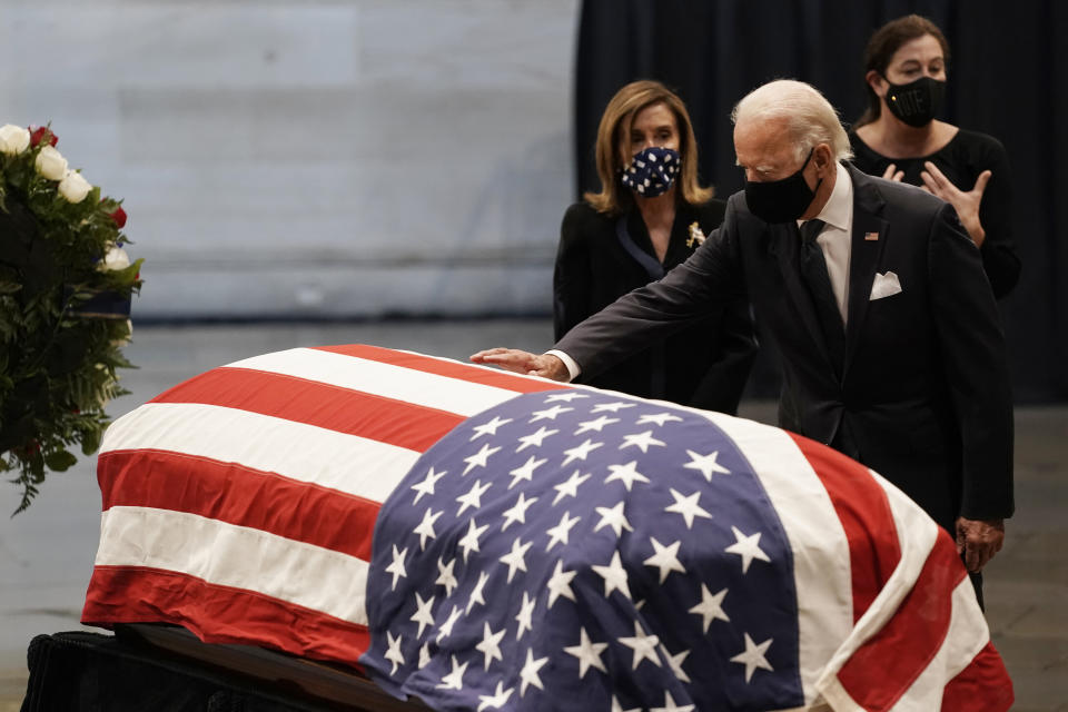 Presumptive Democratic presidential candidate Joe Biden was among the dignitaries paying respects on Monday to Rep. John Lewis of Georgia, the longtime civil rights crusader whose body lay in state at the U.S. Capitol. President Donald Trump decided not to make a similar visit.  (Photo: ASSOCIATED PRESS)