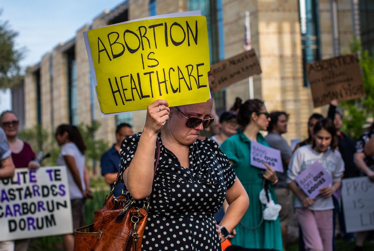 People gather for an abortion rights rally at the federal courthouse in San Antonio on May 3, 2022.