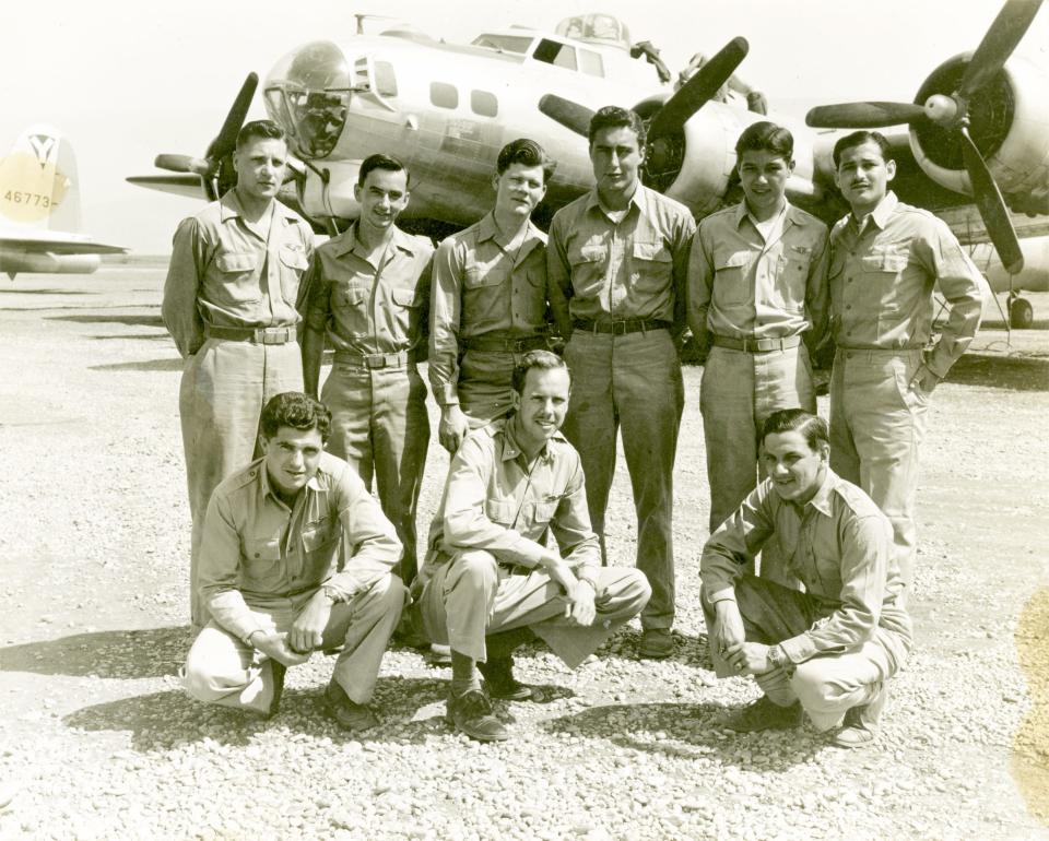 Bomb crew of the B-17 “Umbriago” in 1944. Norman Lear, standing on the far right, flew 52 missions from Foggia, Italy, and dropped bombs 35 times.