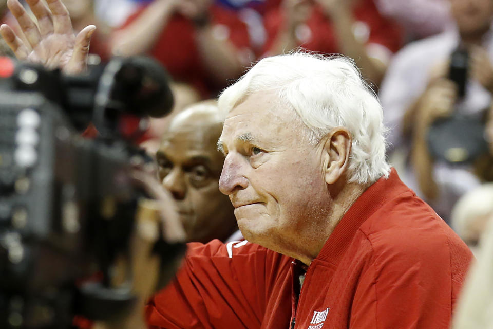 Former Indiana Hoosiers head coach Bob Knight on the court during halftime of a game against the Purdue Boilermakers on Feb. 8, 2020, in Bloomington, Indiana. / Credit: Getty Images