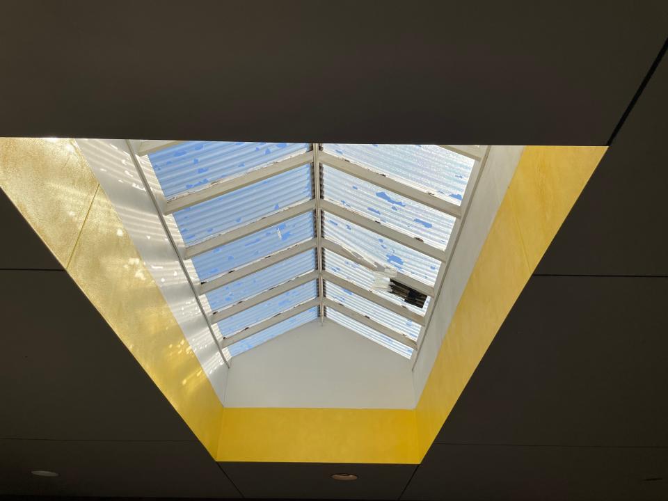 One of the skylights inside the St. Clair Riverview Plaza on Sept. 14, 2023. The plaza received damage, including hail damage, from the storms in July.