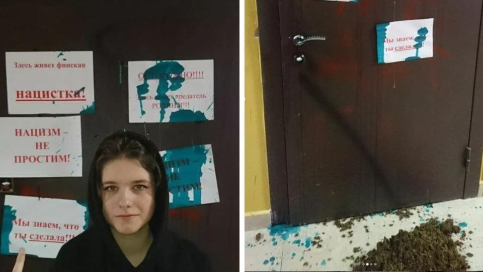 La jeune militante Darya Kheikinen devant les affiches de menace qu'elle a reçue (à gauche) et le pas de sa porte souillé (à droite). - Darya Kheikinen - Instagram