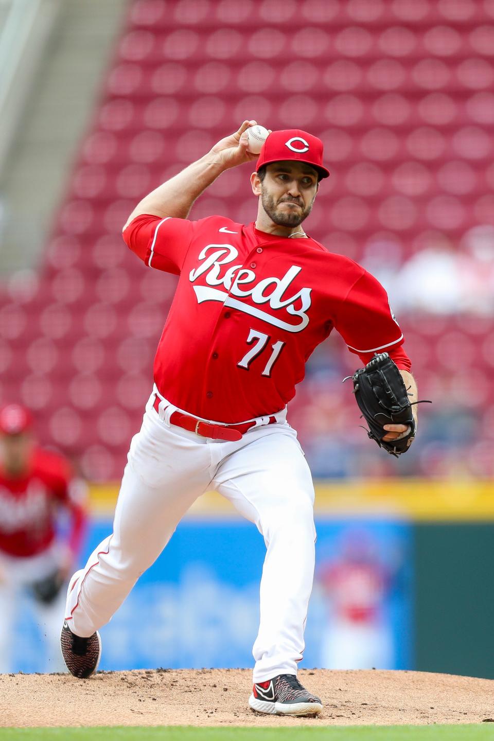 May 7, 2022; Cincinnati, Ohio, USA; Cincinnati Reds starting pitcher Connor Overton (71) throws a pitch against the Pittsburgh Pirates in the first inning at Great American Ball Park. Mandatory Credit: Katie Stratman-USA TODAY Sports