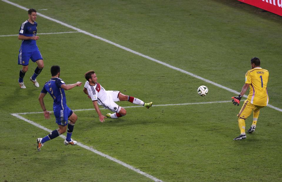 Germany's Mario Goetze (2nd R) scores a goal past Argentina's Martin Demichelis (L), Ezequiel Garay (2nd L) and goalkeeper Sergio Romero during extra time in their 2014 World Cup final at the Maracana stadium in Rio de Janeiro July 13, 2014. REUTERS/David Gray (BRAZIL - Tags: SOCCER SPORT WORLD CUP TPX IMAGES OF THE DAY)