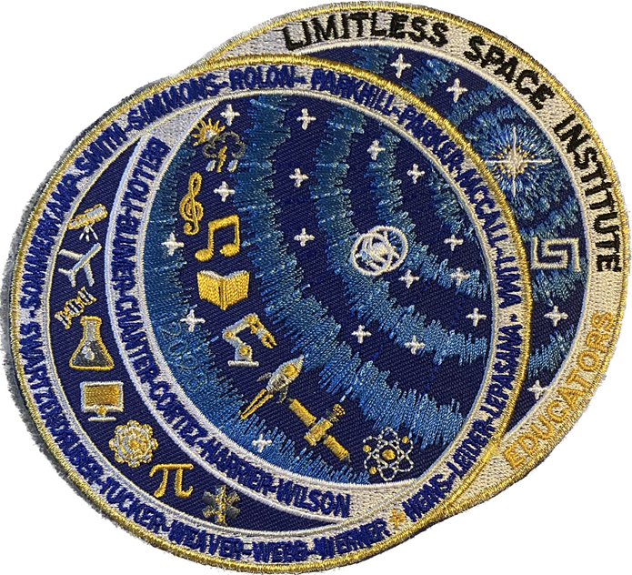 a mission patch with a spacecraft above Earth