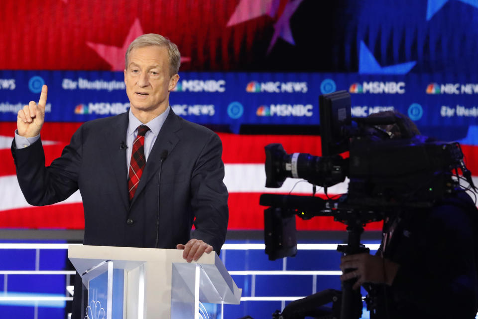 Democratic presidential candidate investor Tom Steyer speaks during a Democratic presidential primary debate in Atlanta on Nov. 20, 2019. | John Bazemore—AP