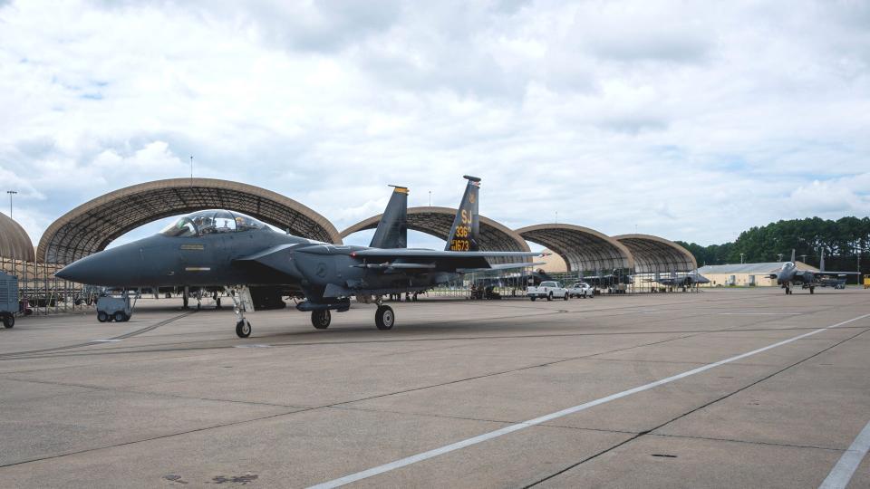 F-15Es on the flight line at Seymour Johnson Air Force Base in 2022. <em>USAF</em>