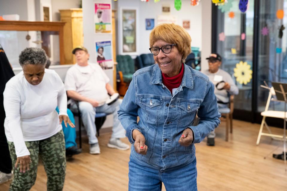Dornita “Dee” Brown and Edna Parrish dance as musicians with the Iris Collective play for seniors at Dorothy’s Place, a daycare center for adults with Alzheimer’s or dementia, in Memphis, Tenn., on Wednesday, April 10, 2024.