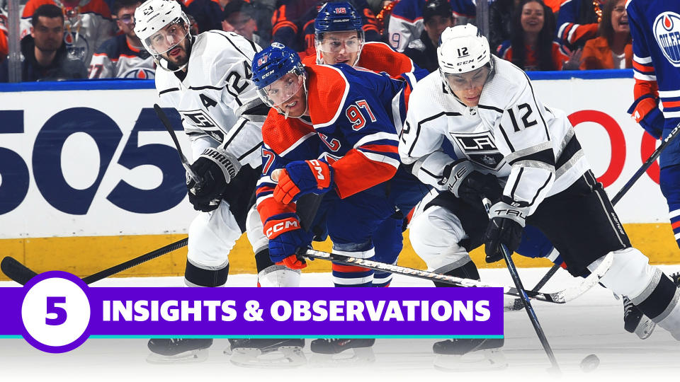 Kings forwards Philip Danault (left), Trevor Moore (right) and Viktor Arvidsson have managed to keep Connor McDavid in check through two games in the NHL playoffs.  (Photo by Andy Devlin/NHLI via Getty Images)