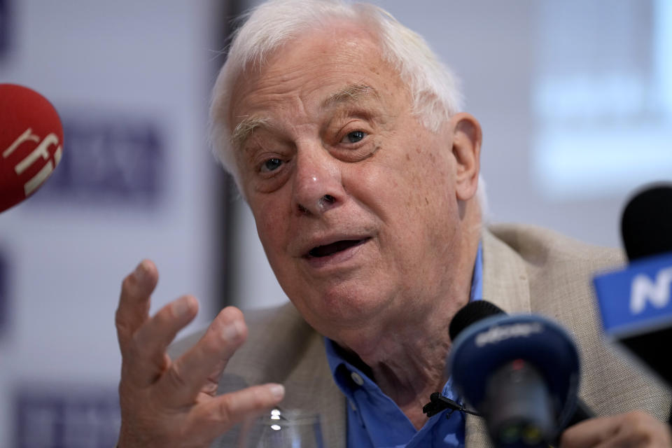 Chris Patten, the last British governor of Hong Kong speaks ahead of the publication of his book "The Hong Kong Diaries", during a press conference hosted by the Foreign Press Association at the Royal Over-Seas League in London, Monday, June 20, 2022. The publication of the book coincides with the 25th anniversary year of when Hong Kong was handed back to China from being a British colony in 1997. (AP Photo/Matt Dunham)