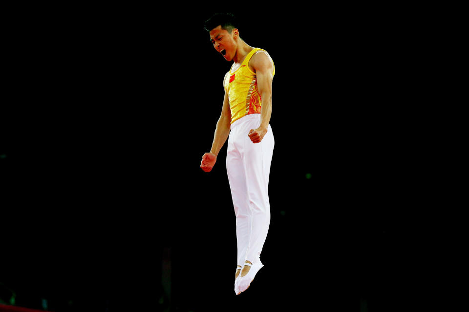 <b>Dong Dong, China </b><br>Dong Dong of China celebrates after competing in the Men's Trampoline during Day 7 of the London 2012 Olympic Games at North Greenwich Arena on August 3, 2012 in London, England. (Photo by Cameron Spencer/Getty Images)