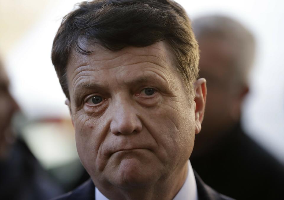 UKIP leader Gerard Batten joins an anti-EU protest outside the Houses of Parliament in London, Thursday, March 14, 2019. British lawmakers faced another tumultuous day Thursday, as Parliament prepared to vote on whether to request a delay to the country's scheduled departure from the European Union and Prime Minister Theresa May struggled to shore up her shattered authority. (AP Photo/Matt Dunham)