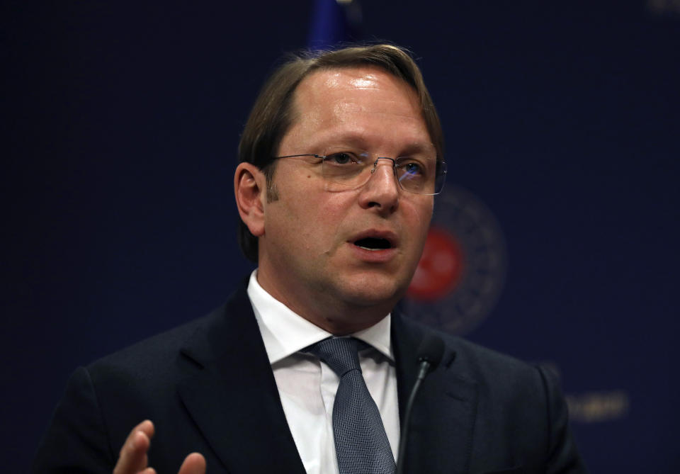 European Commissioner for Neighbourhood and Enlargement Oliver Varhelyi, speaks at a joint news conference with Turkey's Foreign Minister Mevlut Cavusoglu and Sweden's Minister for International Development Cooperation and Foreign Trade Johan Forssell in Ankara, Turkey, Wednesday, Feb. 22, 2023. Varhelyi and Forssell are in town to prepare for the International Donor's Conference, scheduled for March in Brussels, and aimed at mobilizing funds from the international community to support Turkey and Syria following the quakes.(AP Photo/Burhan Ozbilici)