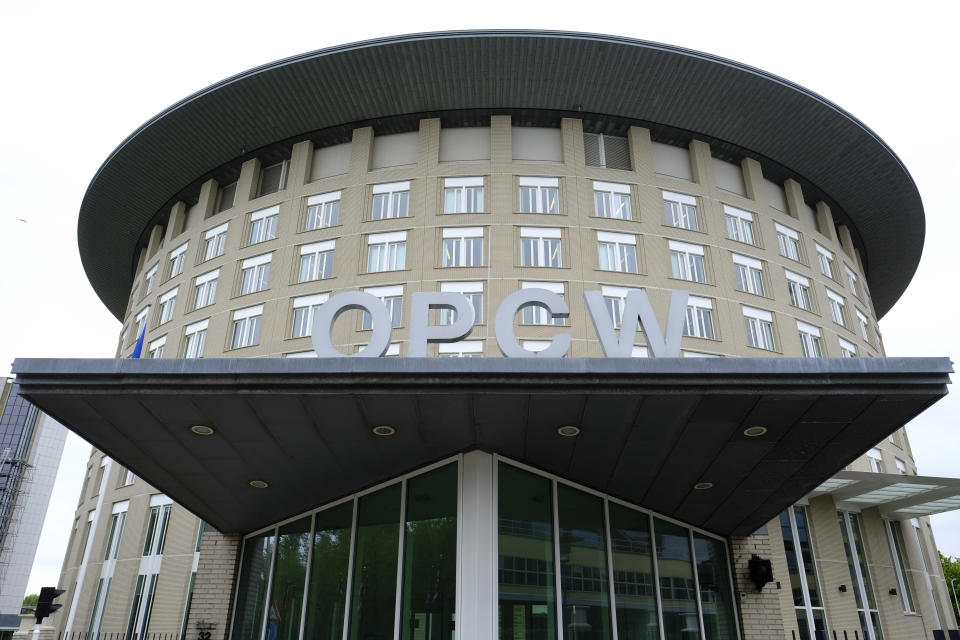 FILE - This Friday May 5, 2017 file photo shows the headquarters of the Organisation for the Prohibition of Chemical Weapons (OPCW), The Hague, Netherlands. Russia came under renewed pressure to explain the nerve agent attack on opposition figure Alexei Navalny as the annual meeting of the global chemical weapons watchdog got underway Monday Nov. 30, 2020, amid measures aimed at reining in the spread of the coronavirus. (AP Photo/Peter Dejong, File)