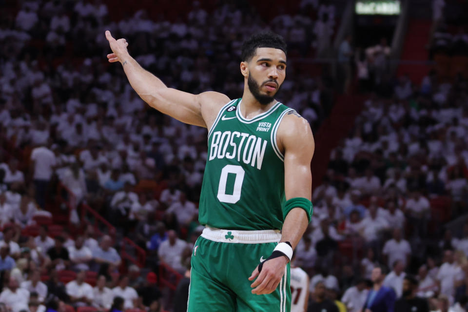 MIAMI, FLORIDA - MAY 23: Jayson Tatum #0 of the Boston Celtics reacts against the Miami Heat during the fourth quarter in game four of the Eastern Conference Finals at Kaseya Center on May 23, 2023 in Miami, Florida. NOTE TO USER: User expressly acknowledges and agrees that, by downloading and or using this photograph, User is consenting to the terms and conditions of the Getty Images License Agreement. (Photo by Megan Briggs/Getty Images)