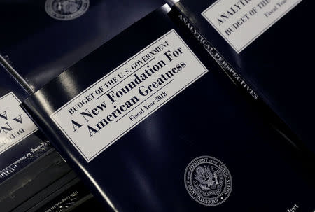 A copy of President Trump's Fiscal Year 2018 budget is on display on Capitol Hill in Washington, U.S., May 23, 2017. REUTERS/Kevin Lamarque