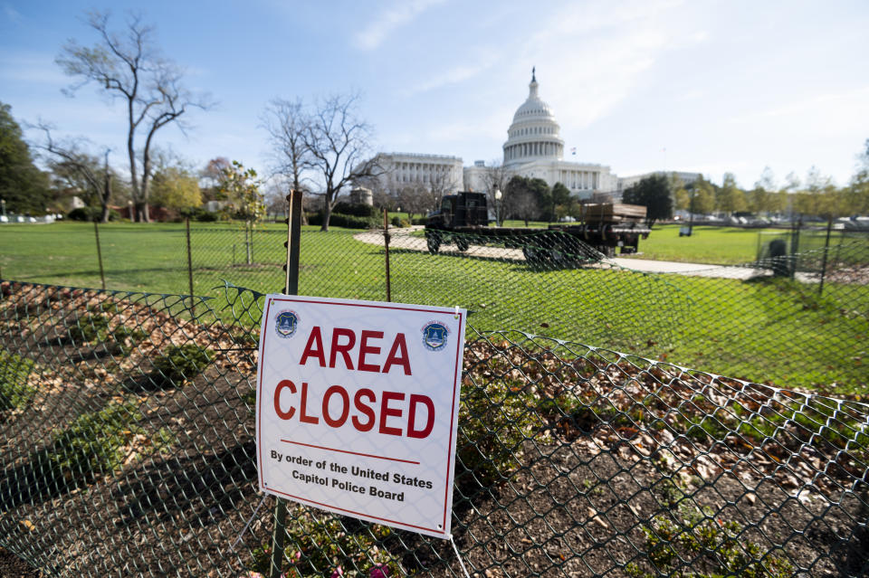 UNITED STATES - NOVEMBER 19: Construction continues continue on the inaugural platform on the West Front of the U.S. Capitol on Thursday, Nov. 19, 2020, in anticpation of the Jan. 20, 2021 inauguration ceremony. (Photo By Bill Clark/CQ-Roll Call, Inc via Getty Images)