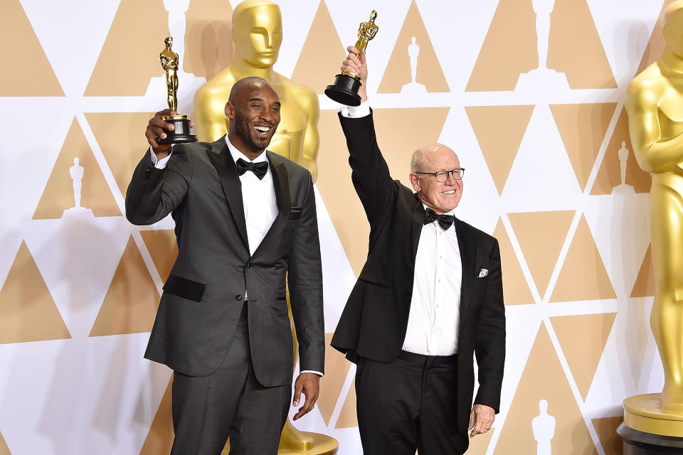 HOLLYWOOD, CA - MARCH 04:  Kobe Bryant and Glen Keane attend the 90th Annual Academy Awards - Press Room on March 4, 2018 in Hollywood, California.  (Photo by David Crotty/Patrick McMullan via Getty Images)