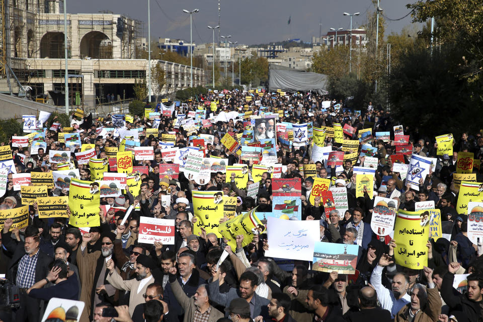 <p>Iranian worshippers chant slogans in a rally after Friday prayer in Tehran, Iran, Friday, Dec. 8, 2017. Hundreds staged a rally to show their anger against the U.S. President Donald Trump administration’s recognition this week of Jerusalem as the capital of Israel. (Photo: Ebrahim Noroozi/AP) </p>