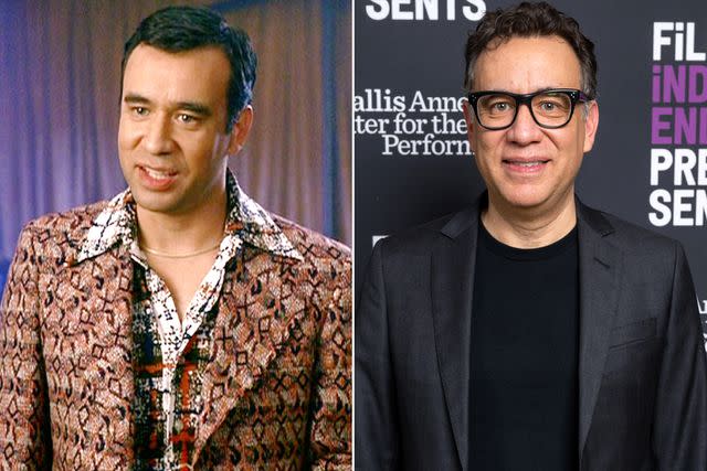 <p>CBS via Getty; Amanda Edwards/Getty</p> Fred Armisen in 2004's Anchorman and in 2023