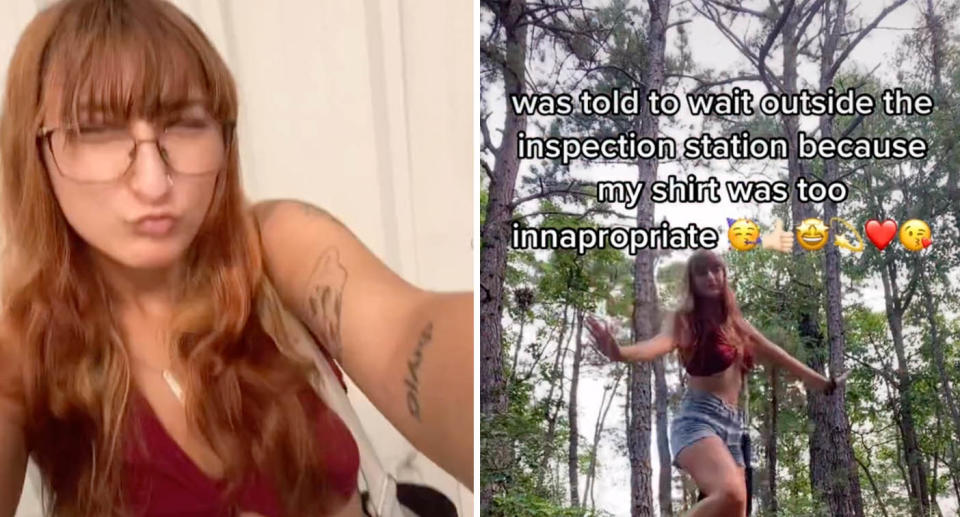 Screenshot from Tia Wood's TikTok video showing her outfit: A red bra-like crop top and denim shorts 