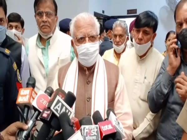 Haryana CM Manohar Lal Khattar speaking to reporters in Rohtak on Friday. 