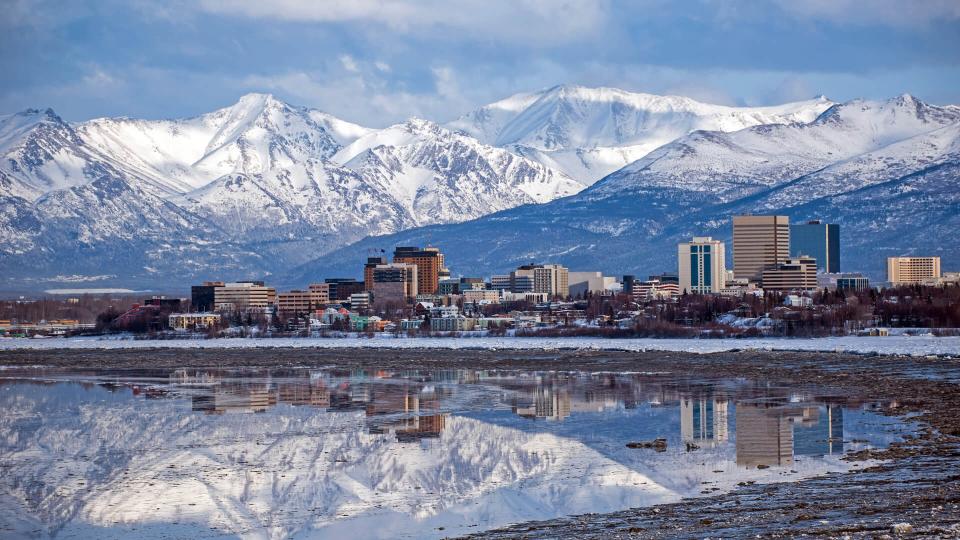 Anchorage, Alaska  Skyline with a winter reflection.