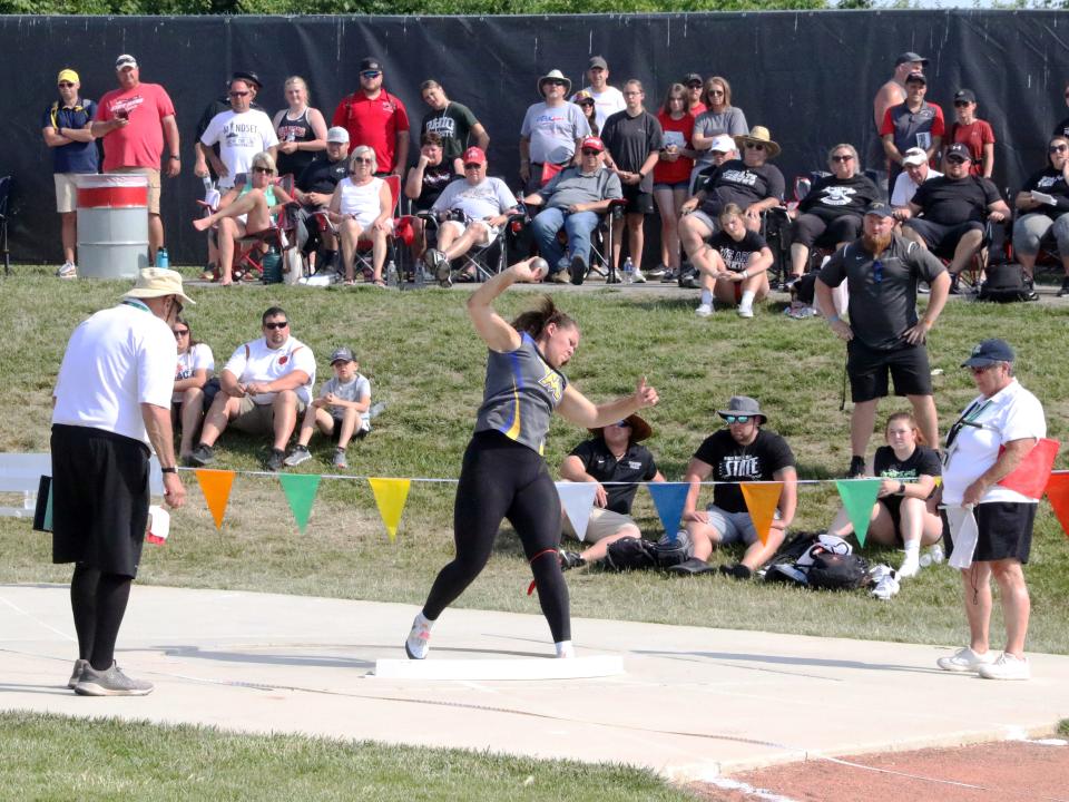 West Muskingum's Rebecca Strunk throws the shot during the Division II state track and field meet on Saturday at Ohio State's Jesse Owens Memorial Stadium in Columbus. Strunk placed fifth to earn All-Ohio honors.