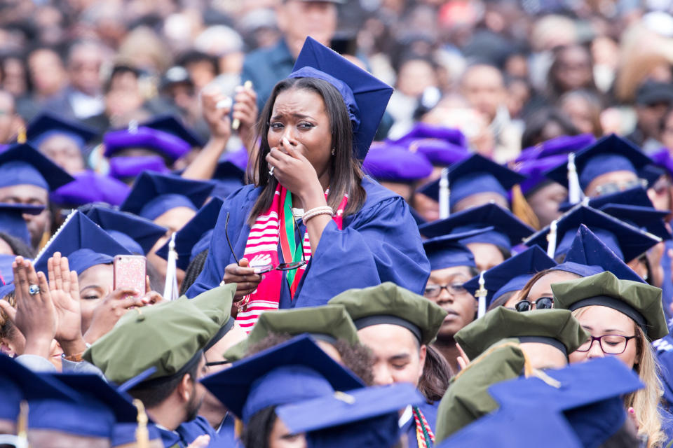 Washington, D.C.  On Saturday, May 7 at Howard University Upper Quandrangle University Campus, Howard University School of Communications graduate (Public Relations major) Cierra Jefferson stands and cries, as Commencement speaker President Barack Obama tells her story of struggle and triumph, at the 148th Commencement Convocation.  (Photo by Cheriss May/NurPhoto via Getty Images)