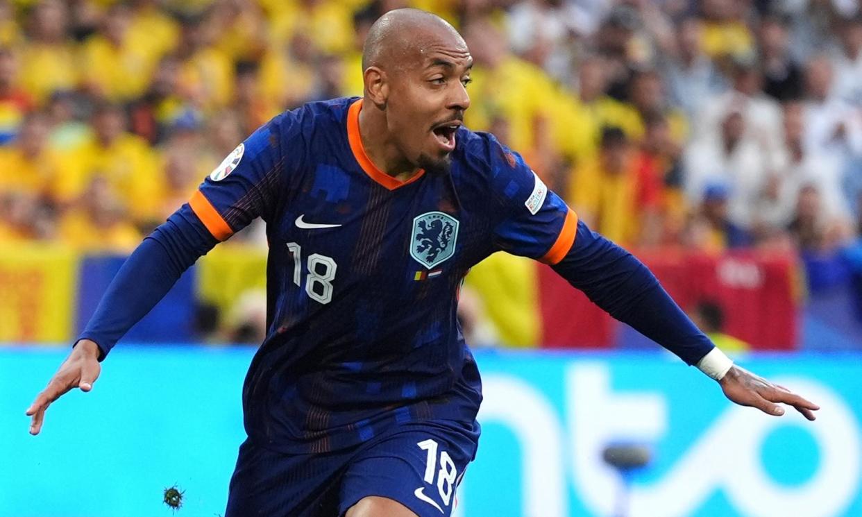 <span>Donyell Malen celebrates scoring the Netherlands’ second goal in their victory.</span><span>Photograph: Bradley Collyer/PA</span>