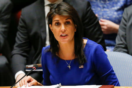 FILE PHOTO: United States Ambassador to the United Nations Nikki Haley speaks during the emergency United Nations Security Council meeting at the U.N. headquarters in New York, U.S., April 14, 2018. REUTERS/Eduardo Munoz