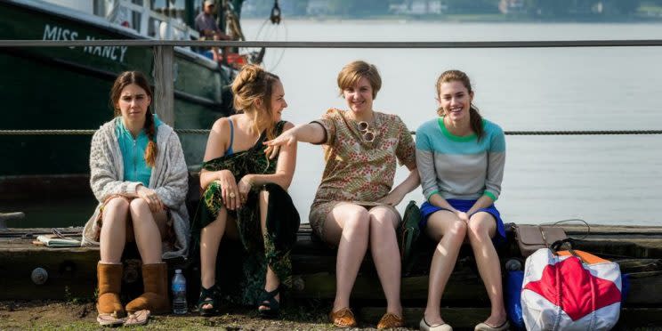 From left, Zosia Mamet, Jemima Kirke, Lena Dunham, and Allison Williams in <em>Girls</em>. (Photo: HBO)