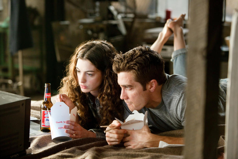 Anne Hathaway, Jake Gyllenhaal eating Chinese food in bed