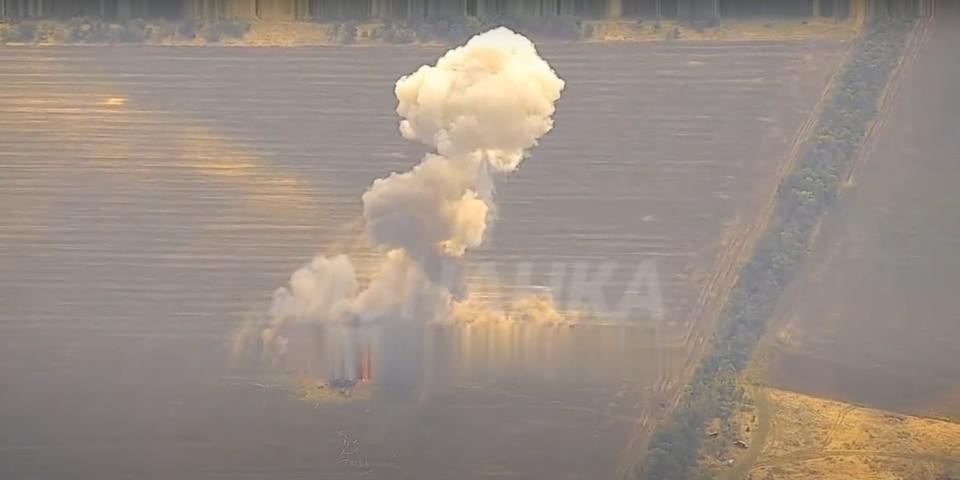 A screenshot from a Russian military video, showing a plume of smoke in a field, and purporting to show a destructive strike on a Ukrainian radar array. Ukrainian sources say it was a decoy.