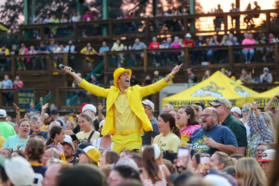 Savannah Bananas owner Jesse Cole sings with fans during the 2025 Banana Ball World Tour City Draft on Thursday, Oct. 3, 2024, at historic Grayson Stadium.