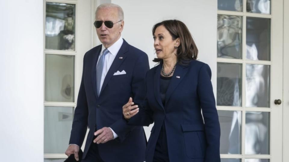 President Biden and Vice President Harris leave a Rose Garden event on gun violence in April 2022. BLM Global Network adviser Angela Angel said the administration could have done more to address policing but noted accomplishments in other areas. (Photo: Drew Angerer/Getty Images)