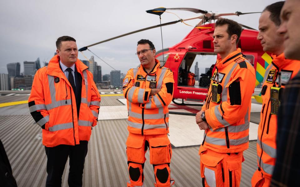 Wes Streeting, the shadow health secretary, is pictured today during a visit to London Air Ambulance at the Royal London Hospital