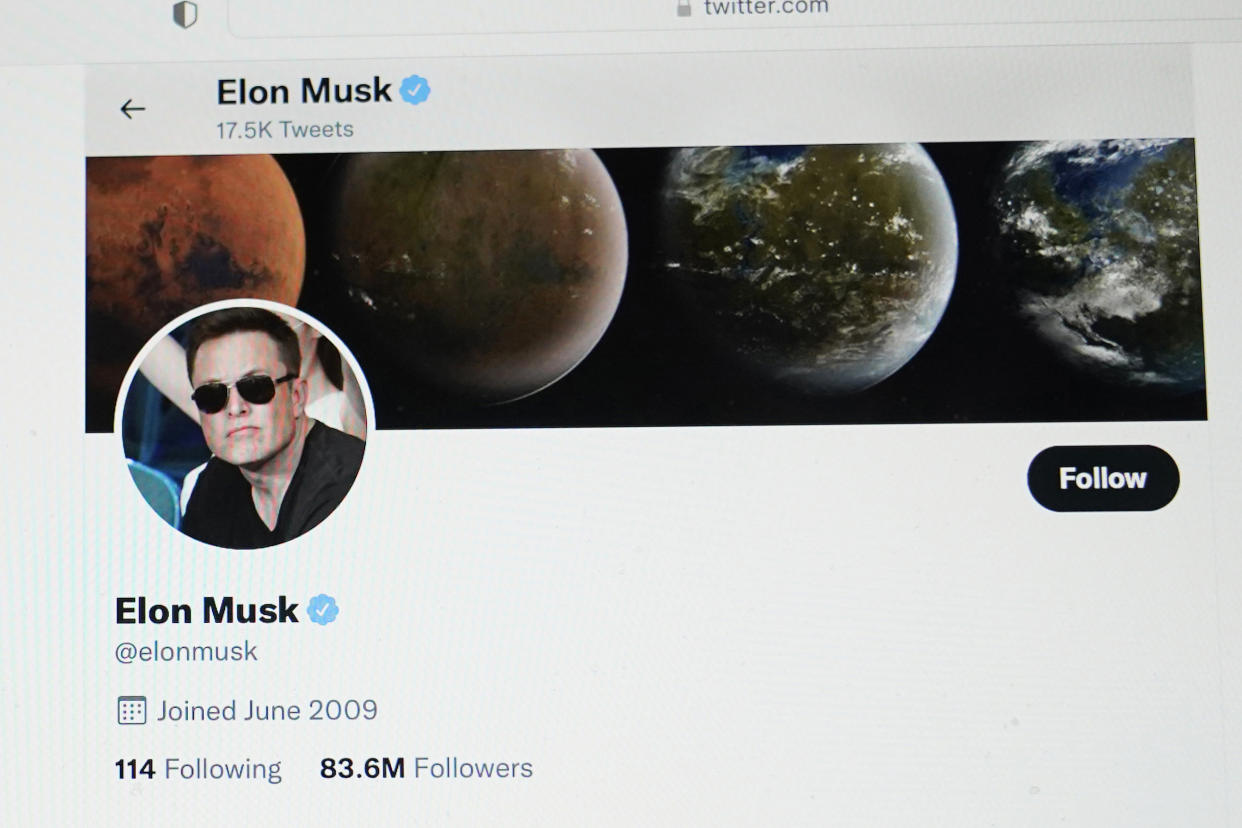 Part of Elon Musk's Twitter profile is seen on the screen of a computer. (AP)