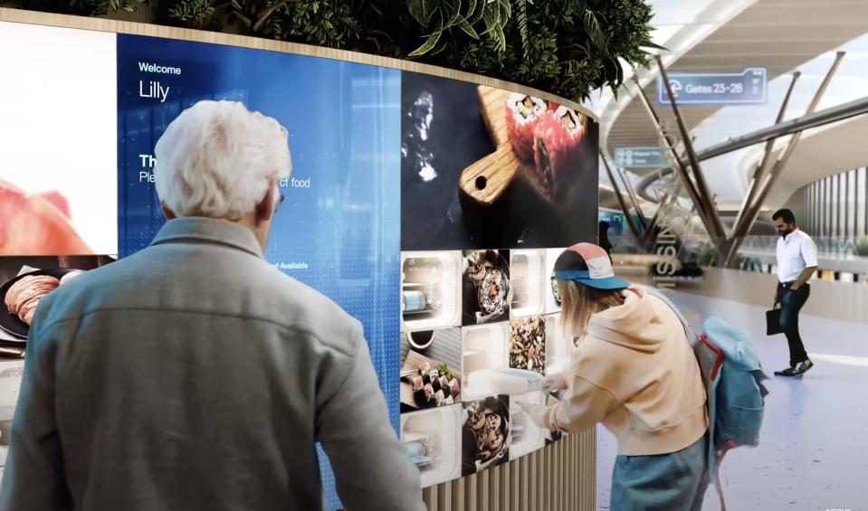 Passengers picking up pre-ordered snacks before boarding the plane in a Airbus' Airspace Cabin Vision 2035+ rendering.