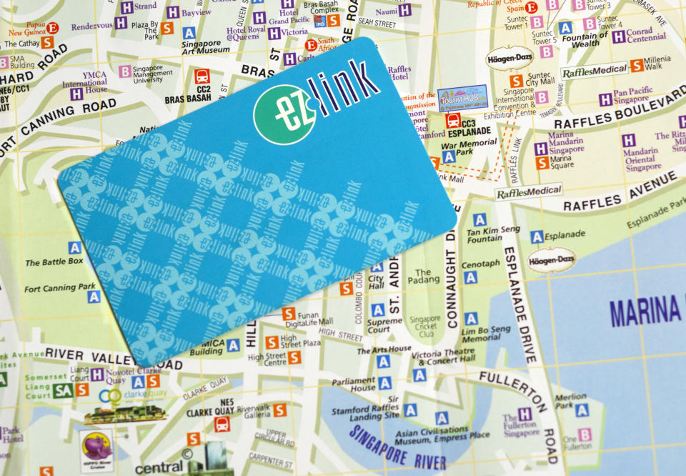 An EZ-Link card against a map.