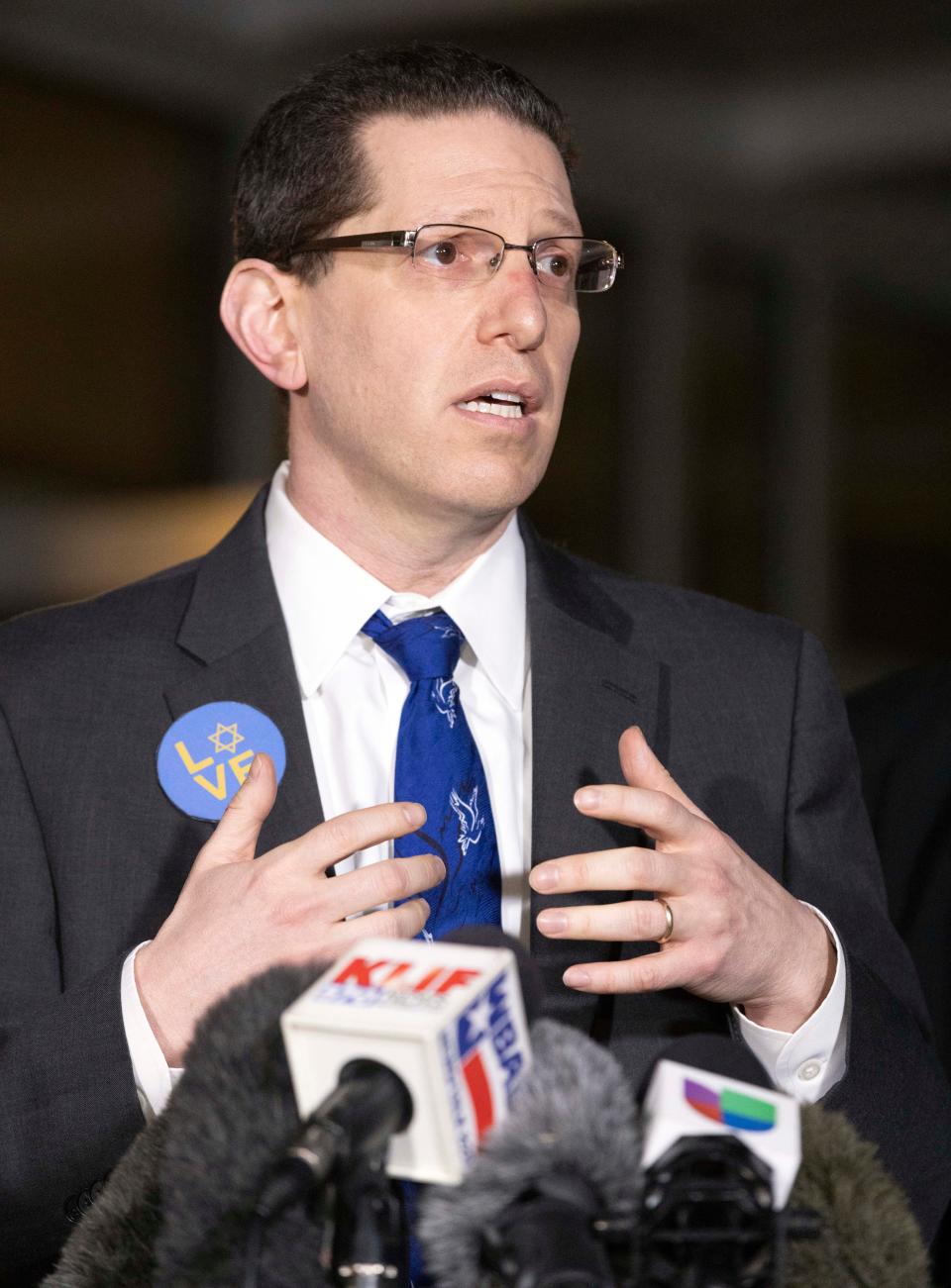 Rabbi Charlie Cytron-Walker makes a statement to the media after the service at White's Chapel United Methodist Church in Southlake,  Texas,  on Jan. 17. The church held a healing service for congregants and members of the community after a hostage standoff at Congregation Beth Israel on Saturday.