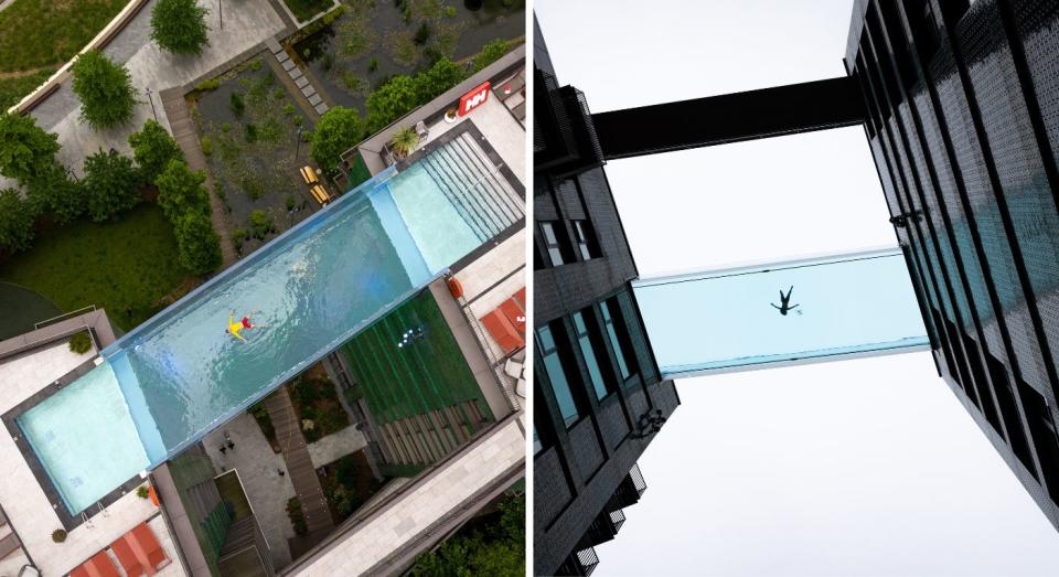 Float to Live drone shots of someone floating in the sky pool from high above and down below. (RNLI-Nathan Williams)