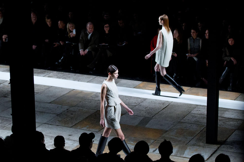 Models walk the runway at the Fall 2013 Theyskens’ Theory Runway Show, on Monday, February 11, 2013, in New York. (Photo by Dario Cantatore/Invision/AP)