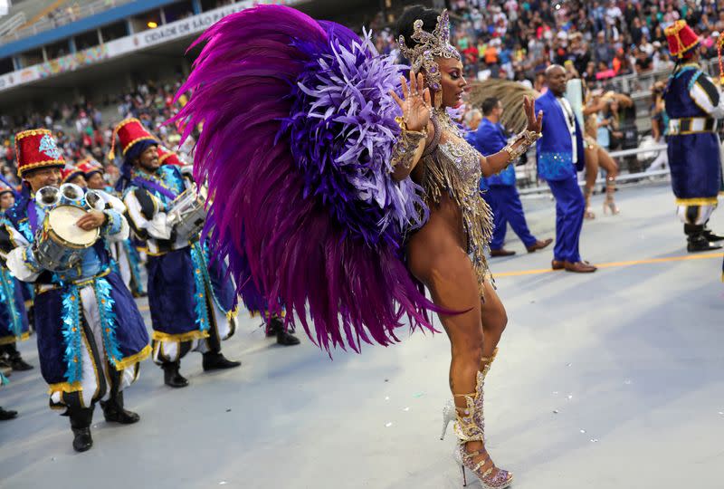 Revellers from Imperio de Casa Verde samba school perform during the first night of the Carnival parade at the Sambadrome in Sao Paulo