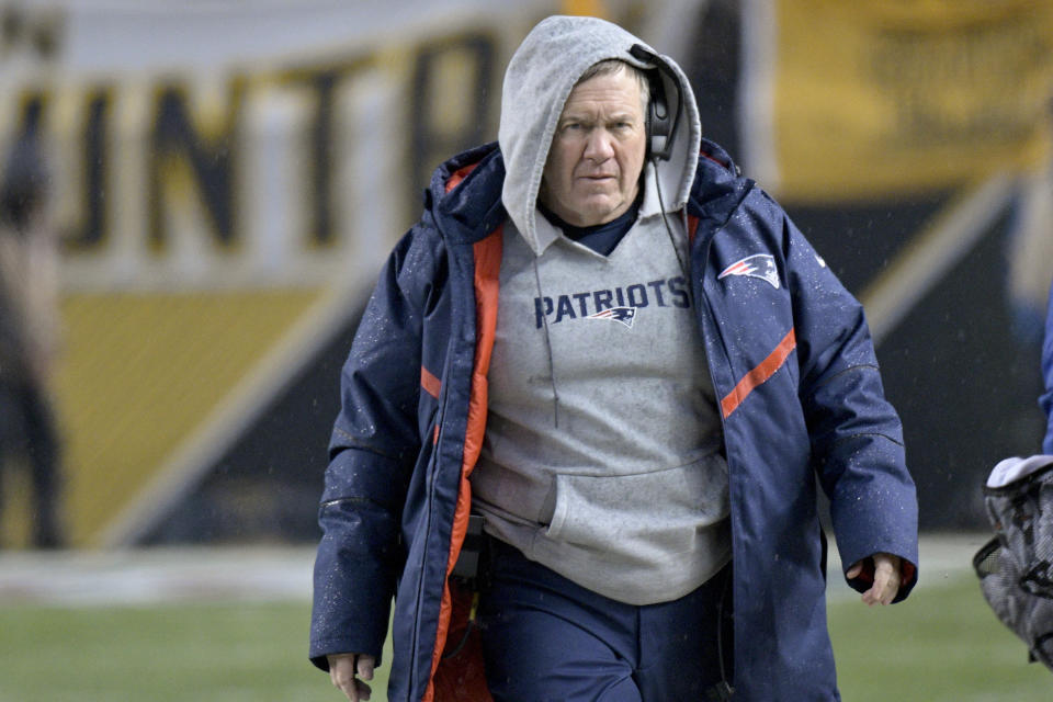 New England Patriots head coach Bill Belichick during the first half of Sunday’s game against the Pittsburgh Steelers. (AP)