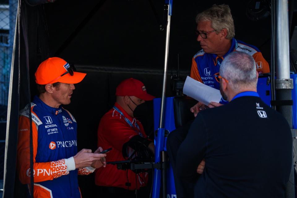Chip Ganassi Racing driver Scott Dixon (9) talks with team members Tuesday, May 17, 2022, ahead of the first practice session in preparation for the 106th running of the Indianapolis 500 at Indianapolis Motor Speedway.