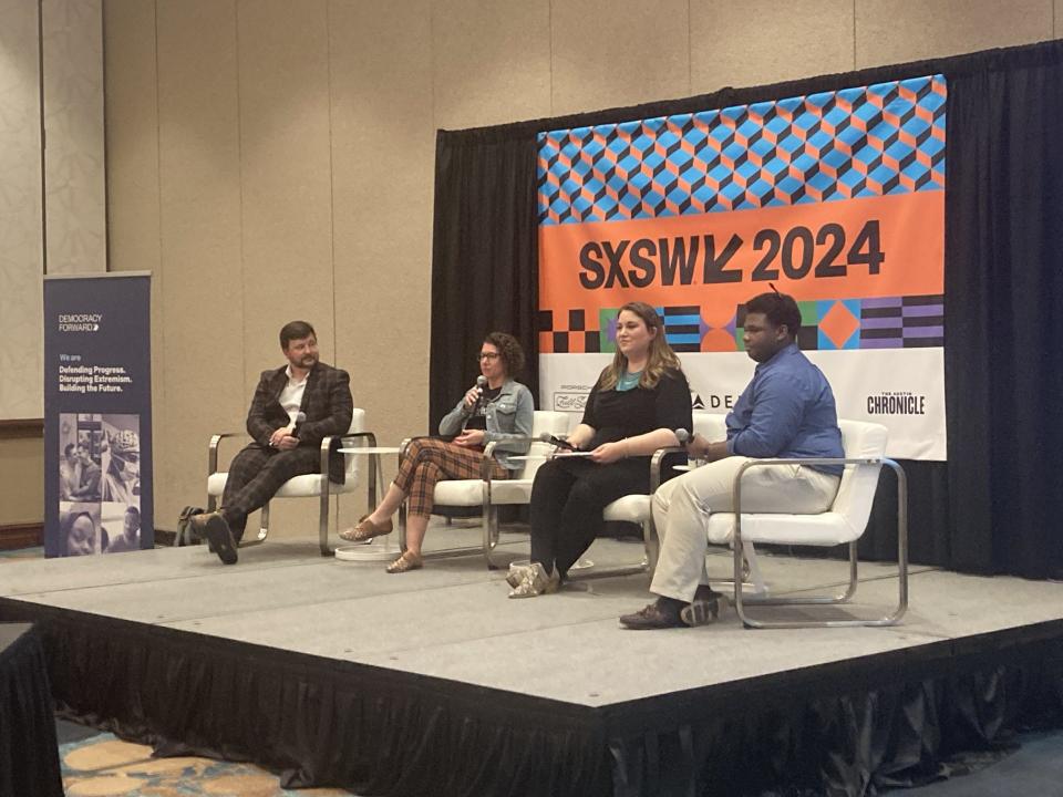 BookPeople CEO Charley Rejsek talks about the lawsuit the company brought against a Texas law that requires book vendors rate materials sold to school libraries, during a SXSW panel Monday, March 11, 2024.