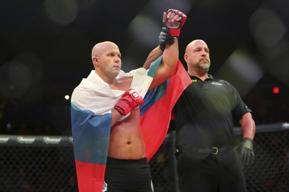 Fedor Emelianenko is declared the victor over Chael Sonnen at Bellator 208, in Uniondale, New York, on Saturday, Oct. 13, 2018. (AP Photo/Gregory Payan)