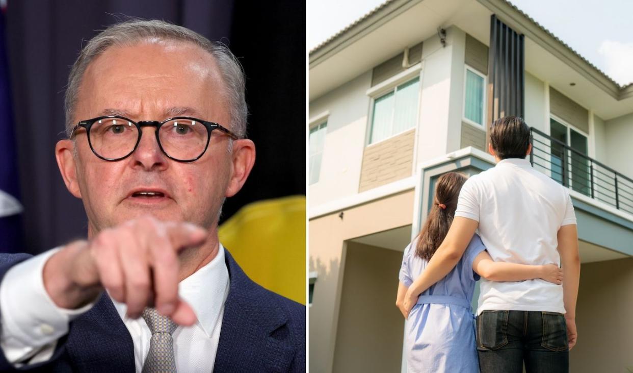Compilation image of Anthony Albanese pointing at the camera and couple buying a home. 